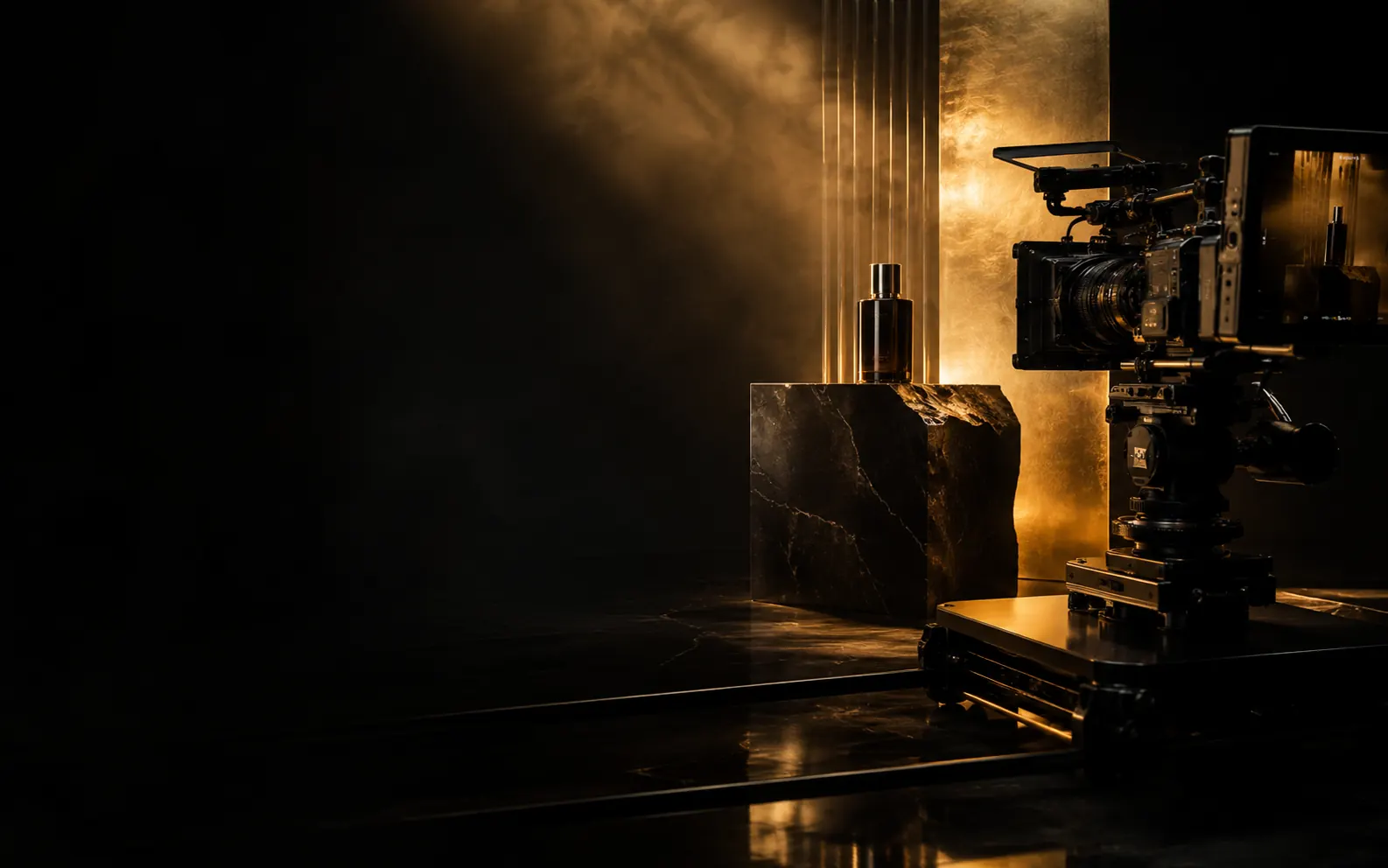 Cinema camera filming a premium product under controlled creative lighting