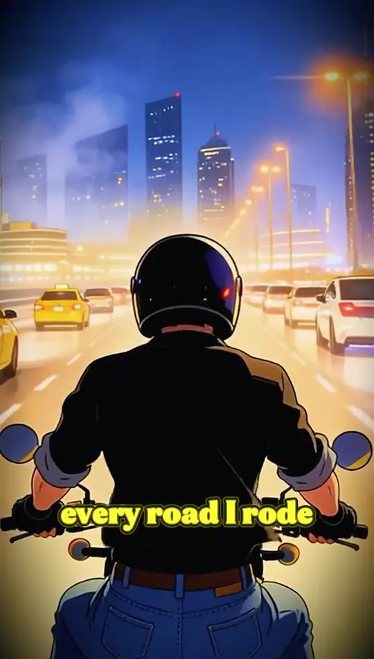 A stylised motorcyclist riding through Dubai at night